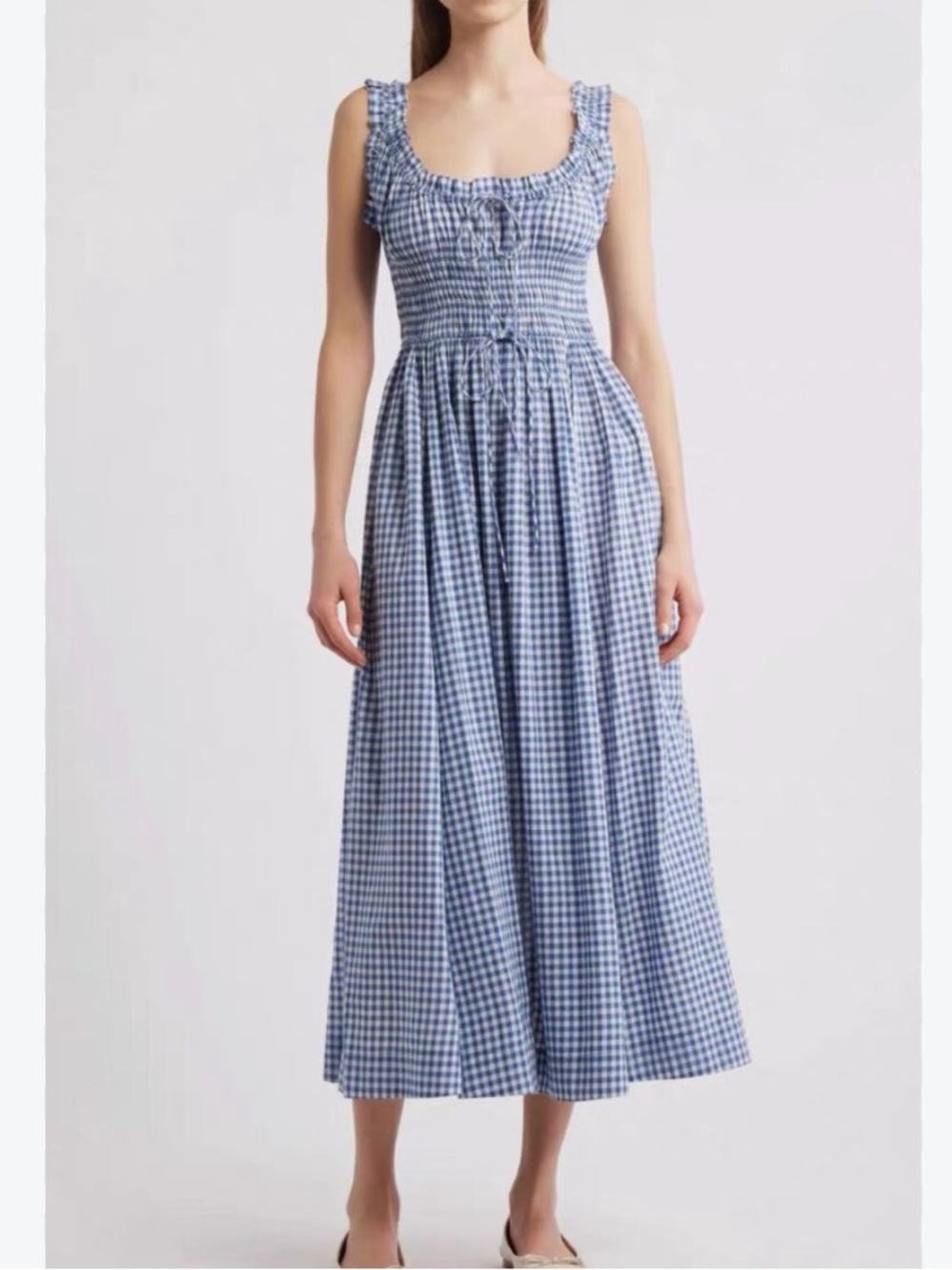 DOEN NWT emmaretta blue gingham smocked organic cotton midi dress sz XXS